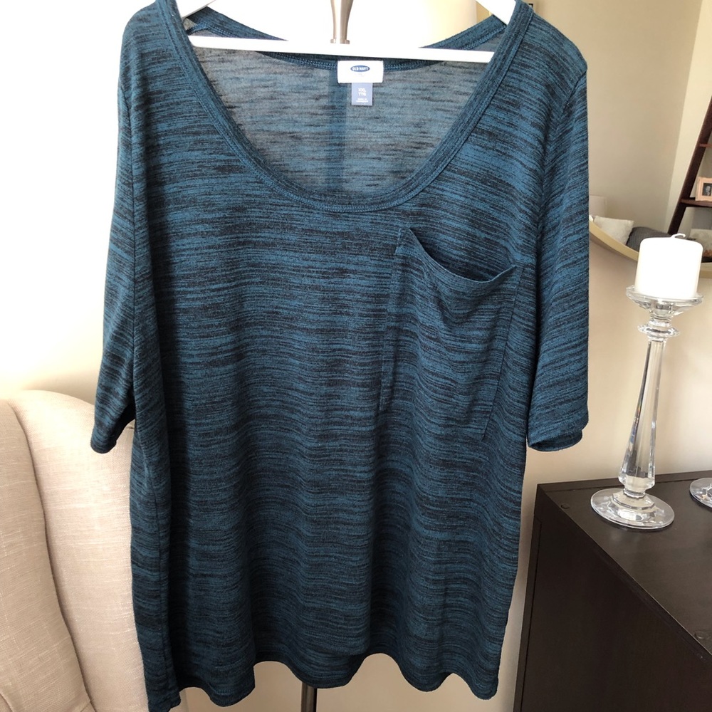 Old Navy XXL Black Teal Blue Space Dye Striped Soft Flowy Scoop Neck Shirt